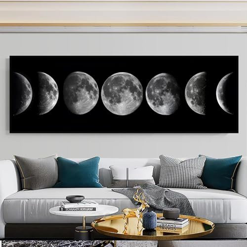 UGZDEA Mondphasen Leinwand Poster, Abstrakte Minimalistisches Schwarz Weiß Mondphasen Leinwand Malerei, Wohnzimmer Schlafzimmer Deko Bild-Ohne Rahmen (Mond-2,60x180cm)