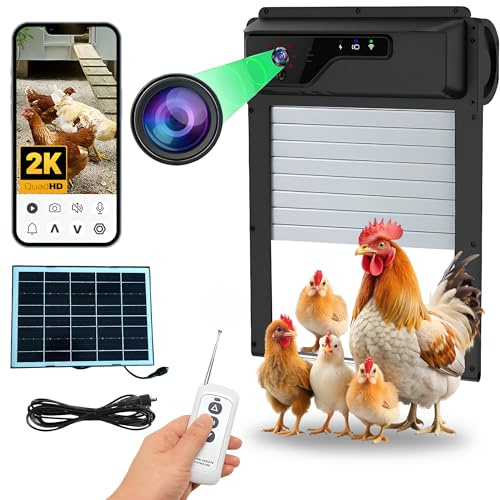 Automatic Solar Chicken Coop Door with Camera 1080P HD, Remote Night Vision Motion Detector Safety Mechanism - 8W Chicken Coop Door Battery Powered 5000 mAh - Predator Protected Automatic Gate Opener