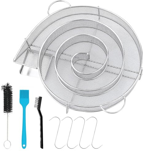 BBQ Smoker Rund Rauchgenerator,Kaltraucherzeuger Edelstahl, Räucherspirale Mit Griff Kaltrauchgenerator, mit 2 Reinigungsbürste & 4 Fleischhaken, für Kugelgrill, Grillgeräte, Räucherofen