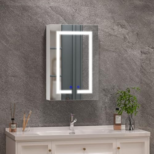 Luxstein Spiegelschrank Badezimmer mit LED Beleuchtung, 3 Lichtfarben 6000K, Anti-Beschlag, Wandmontage, mit Steckdose & Ablage, platzsparend, moderner Badezimmerschrank, 40x60cm, Weiß