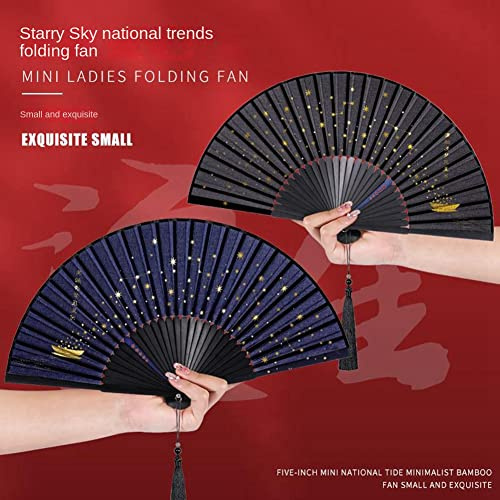 Jrudjsnhhty Classic Starry Silk Folding Fan,Chinese Japanese Fabric Bamboo Folding Dance Hand Fan (Blue)