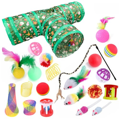 ACNCN 22 Pcs Cat Toys, Kitten Toys Interactive Cat Toys for Indoor Cats, Cat Tunnel Toys Set for Indoor Cats (Christmas 22PCS)