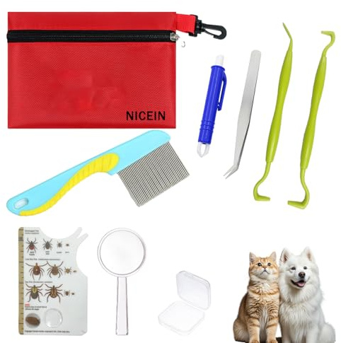 NICEIN Zecken Set, Zeckenzange Set Eingeschlossen 2 Zeckenhebel, 1 Zeckenzange Pinzette, 1 Zeckenhaken und 1 Zeckenkamm, 1 Zeck Lupe, 1 Zeckenkarte, Tick Set mit Etui und Tasche