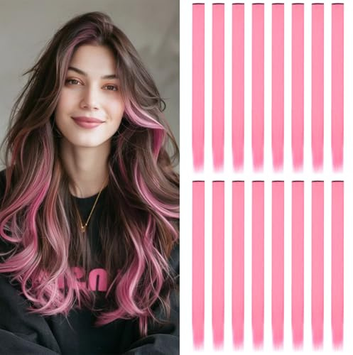 Extensions de Cheveux Clipsées Rose Pêche, 16 Pièces 22 en Fibre Synthétique Lisse pour Filles et Femmes, Mèches