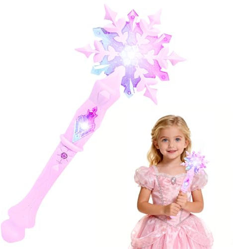 Fancysky Schneeflocke Magischen Zauberstab, LED Prinzessinnen Zauberstab mit 3 Stück DIY Sticker, Leuchtender Schneeflocken Leuchtstab Kinder Mädchen für Weihnachten Halloween Winter Cosplay(Rosa)