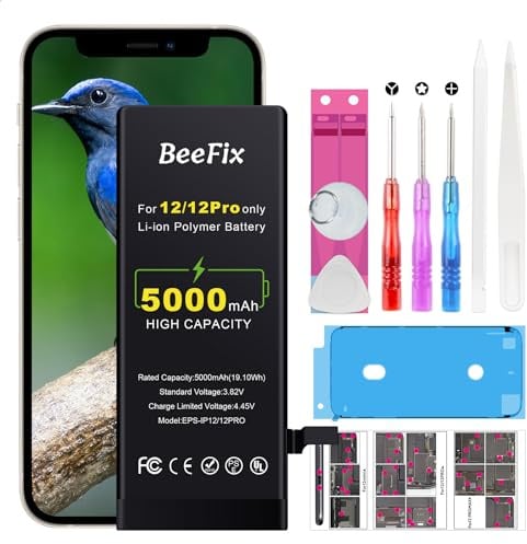 Beefix Batteria per iPhone 12/12 Pro : Batteria Li-Ion 5000mAh alta capacità per iPhone 12/12 Pro con strumenti riparazione professionali Compatibile con modelli A2172 A2402 A2341 A2406 A2408