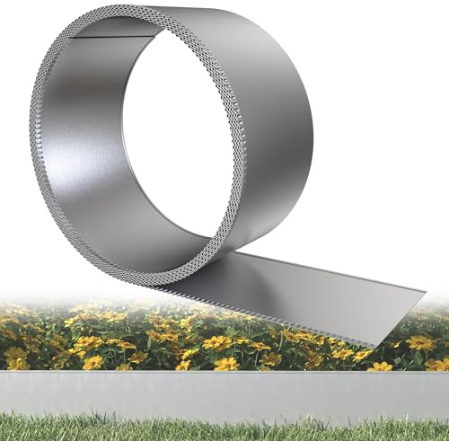 HENGMEI Beeteinfassung aus verzinktem MetallRasenkante 15cm Hoch Silber 5m | Witterungsbeständige flexible Beetumrandung, als Mähkante zur sauberen Trennung von Rasen, Blumenbeeten und Steingärten.