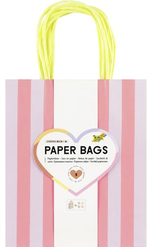 Folia 21826/8 - Paper Bags Stripes NEON M, 8 Papiertüten aus 110 g/m² FSC-Mix Papier in 4 Farben, ca. 18 x 21 x 8 cm, zum Basteln, Verzieren und Verschenken