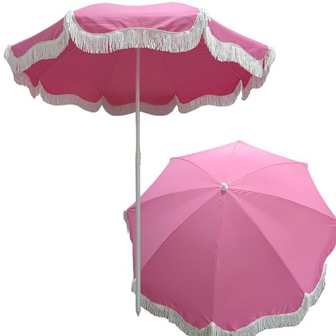 DXUYWSP Parasol Rose De Plage avec Pompon Romantique, 200cm/6.5ft, Toile En Polyester UV50+ pour Extérieur, Piscine, Jardin, Terrasse, Camping, Voyage, Pelouse, Sac De Rangement Inclus