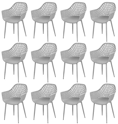 DazzlerE 12er Set Balkon Stühle, Garten Stühle, PP-Schalenstuhl, Metallgestell, mit Armlehnen, Höhenverstellbare Bodengleiter, Belastbar bis 120 KG, Grau