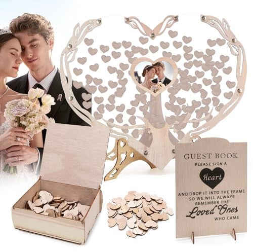 Libro degli Ospiti Matrimonio in Legno con 100 Cuori | Libro Ospiti Alternativo per Matrimonio & Compleanno, Decorazione Matrimoniale Personalizzabile con Portafoto e Area Firma