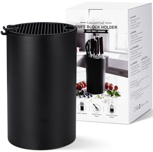 ENOKING Knife Block Without Knives, Universal Knife Block, Large Capacity Knife Holder with Removable Plastic Lid, Kitchen Knife Organiser with Scissor & Sharpening Rod Storage (Black)