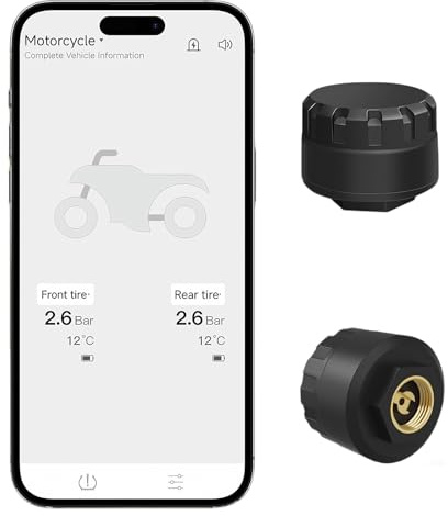 HUAJUN TPMS Reifendruck Kontrollsystem mit App, 2 Externen Sensoren, 0-8BAR | Drahtloser Reifendruck und Temperaturdetektor, Unterstützt iOS und Android