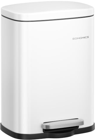 SONGMICS 5L Matte White Bathroom Bin, Easy-Clean Steel, Soft-Close Lid | Hands-Free Opening, Bag Holder and Space-Saving Design for Bathrooms and Small Spaces, LTB005WZ02
