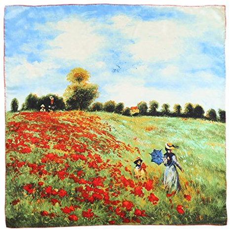 YangtzeStore Großer quadratischer Charmeuse-Seidenschal, klassischer Kunstdruck, Mohnblumen von Monet, 63 x 17