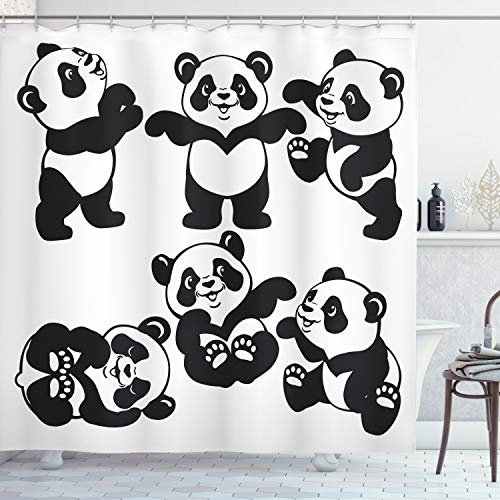 ABAKUHAUS Panda Duschvorhang, Spielerische Panda-Bär Zoo, Stoffliches Gewebe Badezimmerdekorationsset mit Haken, 175 x 200 cm, Dunkelgrau und Weiß