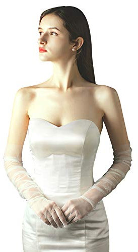 Damen-Handschuhe für Hochzeit, Braut, Netzstoff, Tüll, lang, Opernkostüm, Party, 68,6 cm, Ellenbogenlänge, durchsichtige Handschuhe, Elfenbein, Einheitsgröße