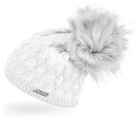 Neverless® Damen Strick-Mütze gefüttert Fell-Bommel Kunstfell Winter-Mütze Bommelmütze weiß Unisize
