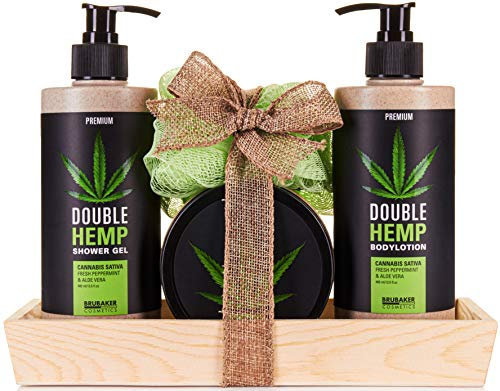 BRUBAKER Cosmetics Hemp Oil Body Care and Shower Set Fresh Mint & Aloe Vera with Wooden Tray (5 Pieces)