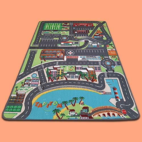 TAPITOM | Autoteppich für Kinder in der Stadt - 95 x 133 cm | Straßenspielmatte | Circuit-Fußmatte für Kinderzimmer | rutschfest, Saum | CE-Normen