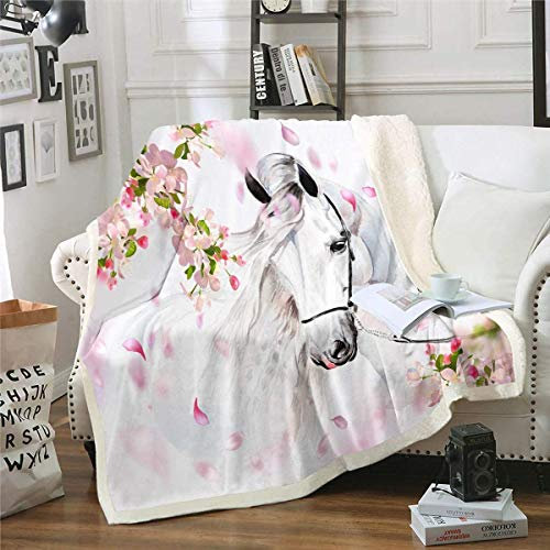 Tbrand Weißes Pferd Kuscheldecke Rosa Blumen Fleece Wohndecke Aquarell Wildtier Design Decke 150x200cm für Bett Sofa Couch Schlafzimmer Dekor Wildlife Flanell Fleecedecke Decke