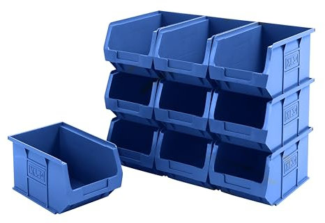 BiGDUG Plastic Parts Bins - Stackable or Wall Mounted Storage Boxes Garage Organiser - Pack of 10 - 125H x 150W x 240D mm - Blue