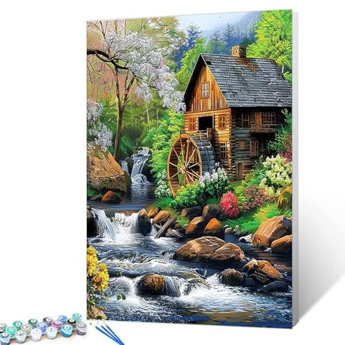 Malen nach Zahlen Waldhütte umgeben von Blumen und Bäumen Wasserfall DIY-Malerei auf Leinwand mit Pinseln Acrylfarben perfekt zum Malen nach Zahlen für Erwachsene und Kinder Studenten Anfänger