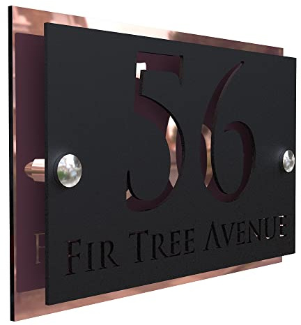 K Smart Sign | Simpatico | Modern laser Cut House Signs 3d effect door number address style sign plaques address numbers | 200mm x 130mm (Rose Gold Mirror & Matt Black)