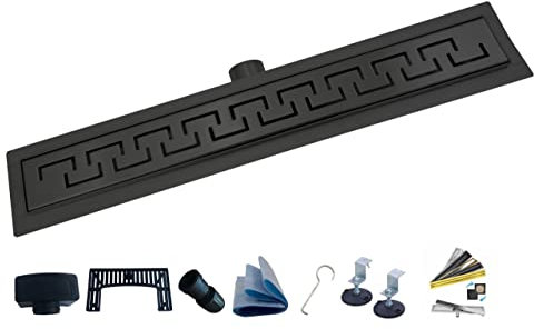 AQUA HEATING Griechisch linearer Edelstahl-Bodenablauf superflach Einbauhöhe 54mm Komplettset Badezimmer mit bodengleicher Dusche, Duschrinne Ablaufgarnitur-Set, Duschablauf Siphon Rost 100cm schwarz