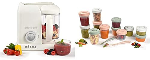 BÉABA, Babycook Solo, procesador de alimentos para bebés 4 en 1, vaporizador, blanco/plateado & Lote de 12 Tarros de Conservación y 2 Cucharas de aprendizaje en Silicona Verde (Eucalyptus)