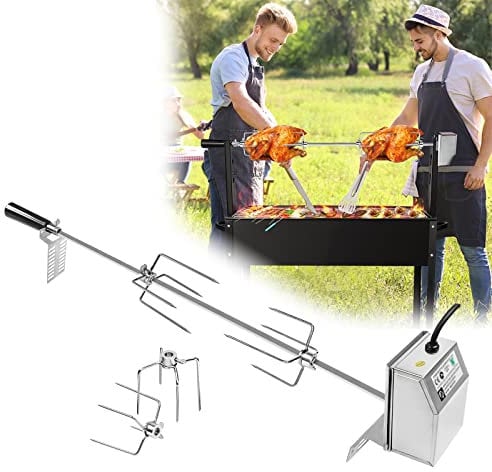 LARS360 Edelstahl Grillspieß Set 107cm mit 4 Stück Fleischnadeln, Griffstück und Edelstahl Motor 220V-240V, für Drehspieß für Gasgrill, Rotisserie, Drehspieß