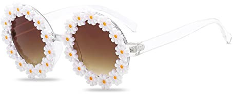 LumiSyne Süße Gänseblümchen Sonnenbrille Herren Damen Runder Rahmen Blume Dekoration Brille UV400 Abschlussball Party Gläser Fotografie Requisiten Brillen Für Paare Reise Strand Weiß