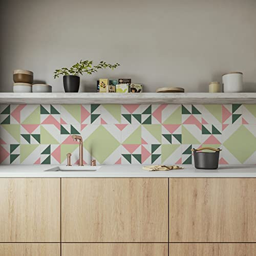 Tile Stickers 20x20cm Green Pink White Stick on Tiles Self Adhesive Wall Tiles Peel and Stick Floor Tiles, Tile Stickers for Kitchen and Bathroom(12pcs)