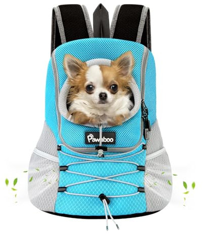 Pawaboo Pet Dog Carrier Rucksack, Puppy Dog Travel Carrier Front Pack for Small Medium Dogs Cats, Adjustable Breathable Dogs Carrying Backpack with Safety Strips for Hiking Travel Outdoor, Blue M