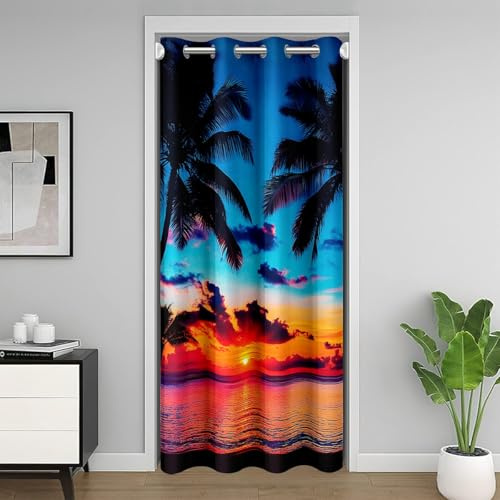 Ocean Sunset Doorway Curtain Privacy Mat Hawaiian Palm Tree Door Cover Curtain Soft Door Curtain Soft Cozy Insulated Thermal Curtains for Bedroom Home Decor Teens Bedroom Living Room 34x80 1 Panel
