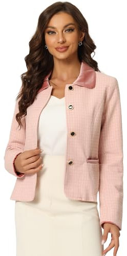 Allegra K Costume d'Halloween élégant vintage en tweed pour femme - Coupe ajustée - Blazer à carreaux, rose, S
