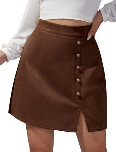 FEOYA Women's Faux Suede Mini Skirt Short Side Split Bodycon Skirts for Women High Waisted Zip Up Irregular Sexy Skinny Skirt Stretch Slim Fit A Line Dress Solid Autumn Winter Spring Warm Brown M