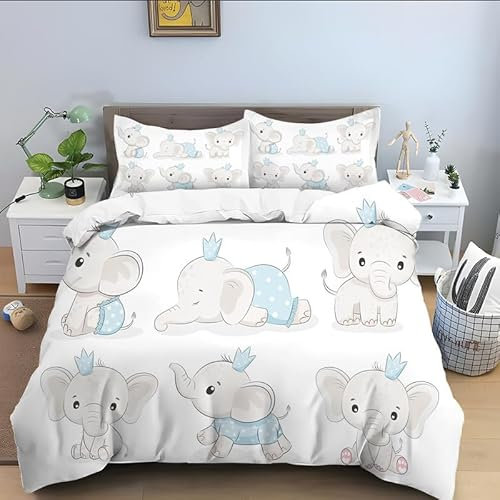 phonxia Bettwäsche 155x 220 Elefant - Kinder Bettbezug 155 x 220cm, Mikrofaser 3teilig Bettwäsche-Sets mit 2 Kissenbezüge 80x80cm mit Reißverschluss