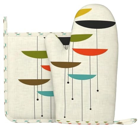 Wurton Mid Century Modern Prints - Juego de guantes de horno y soportes para ollas de 7 x 11 pulgadas, esenciales de cocina, juego de 2 piezas para barbacoa, hornear