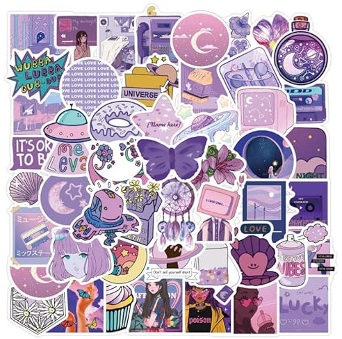 50 Stück lila Aufkleber Set, Ein reizender aufkleber für Wasserflaschen, Laptop, Buch, Skateboard, Gepäck und mehr - Ästhetische Vintage Vinyl-Sticker für Kinder, Teens und Mädchen