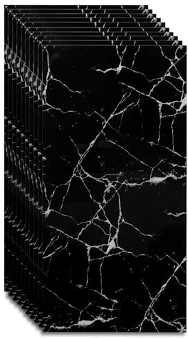 Marble Tile Stickers, Peel and Stick Marble Stick on Tiles 60 x 30cm, 10PCS PVC Self Adhesive Wall Backsplash Tiles for Kitchen Bathroom (Black Marble)