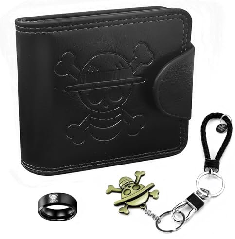LbsAMP Porte Monnaie en Cuir Portefeuille Anime avec Anime Porte Clé et Anneau de Crâne Cosplay Porte Carte Crédit Cadeau pour Fan D'anime pour Ado Garcon Homme - Noir