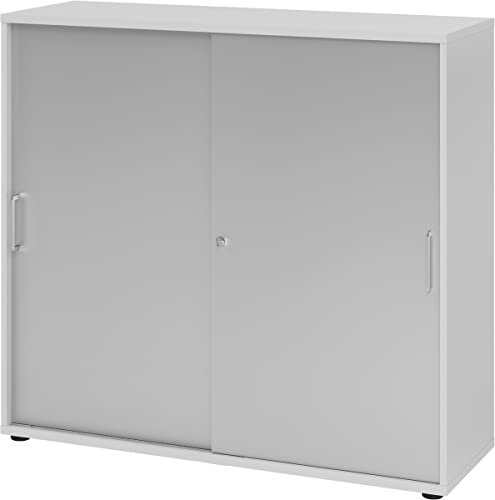 bümö Schiebetürenschrank 3OH - Aktenschrank abschließbar, Sideboard Schrank mit Schiebetüren in Grau/Silber, Bügelgriff - Büroschrank aus Holz mit Schiebetür, Büro Kommode für Ordner & Co.