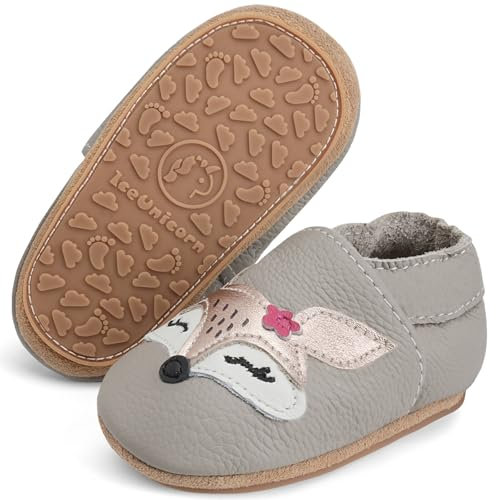 IceUnicorn Krabbelschuhe Baby Lauflernschuhe Weicher Leder Jungen Mädchen Lederschuhe Babys Rutschfeste Krabbelschuhe mit Gummisohle Babyschuhe(Grau Rosenfuch, 6-12 Monate)