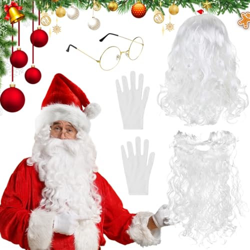 LPAMABA 4er Set Weihnachtsmann Bart Perücke Nikolaus Santa Bart und Perücke Santa Claus Weihnachtsbart Weihnachtsmannbrille Nikolausbrille Santa Claus Brille Rund Gold Weihnachtsmann Kostüm Zubehör