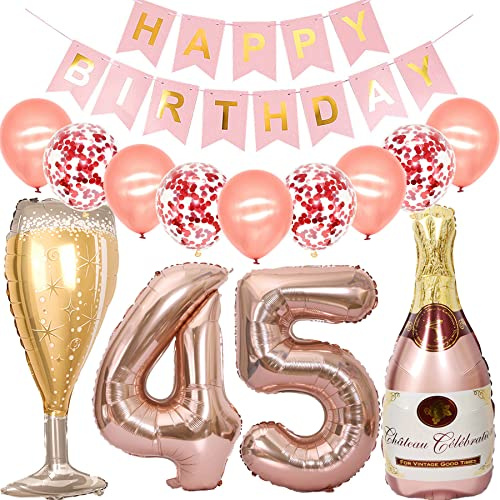 Feelairy Luftballon 45. Geburtstag Deko Frau, Rosegold Folienballon Weinflasche Sektflasche Helium Ballon Champagner Flasche, Girlande Happy Birthday Deko für Geburtstagsdeko 45 Jahre Frauen