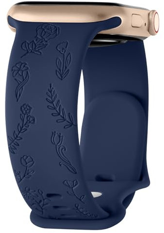 Flower Engraved Strap for Apple Watch Strap 38mm 40mm 41mm 42mm, Silicone Sport Band for iWatch Series 10 9 8 7 6 5 4 3 2 1 SE, Women Men (Navy blue,38mm/40mm/41mm/42mm(Series 10))