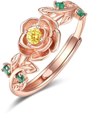 Zeuslia Rosegold Rose Ringe Silber 925 Verstellbar Citrin Ring Mit Geburtsstein November Schmuck Geschenke für Damen Frauen