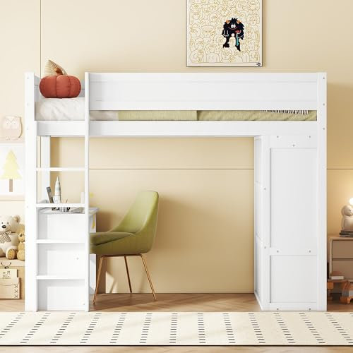 MSMOK Hochbett, vielseitiges Kinderbett, ausgestattet mit Kleiderschrank, Schreibtisch und Schubladen, 90 * 200cm (Weiß)