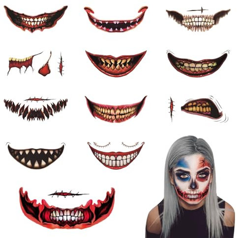 Wondsea 12 Stück Halloween Prank Makeup Temporary Tattoo,2024 Neuestes Halloween Wunden Skelett Tattoo Gesicht,Gruselige Halloween Tattoos Aufkleber für Halloween Schminke Erwachsene